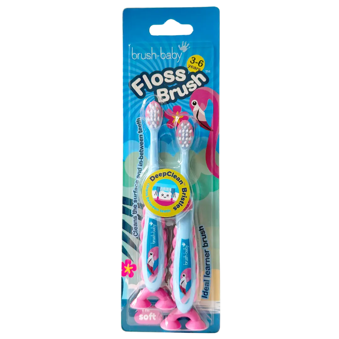 FlossBrush™ Bristles Toothbrushes Double Pack (3-6 Years) 12 Packs of Mixed Colours (Dinosaur, Unicorn, Rocket, Flamingo)