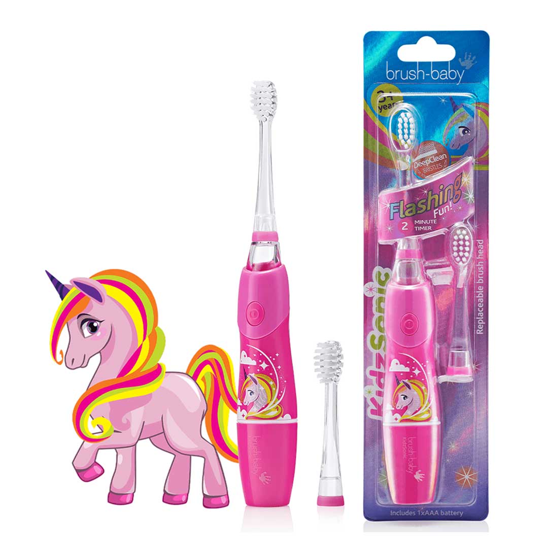 brush baby pink kids toothbrush with flossy the unicorn
